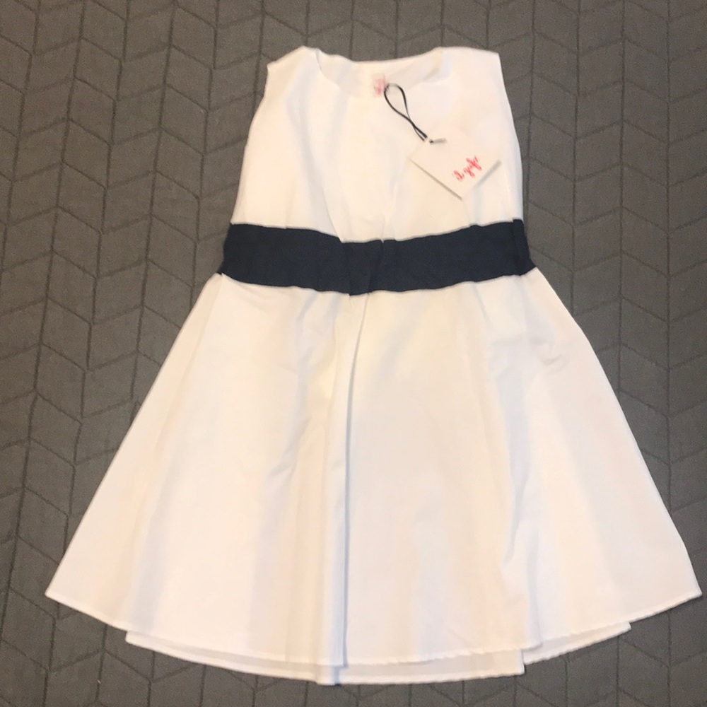 Il Gufo White Dress with Navy Waistband